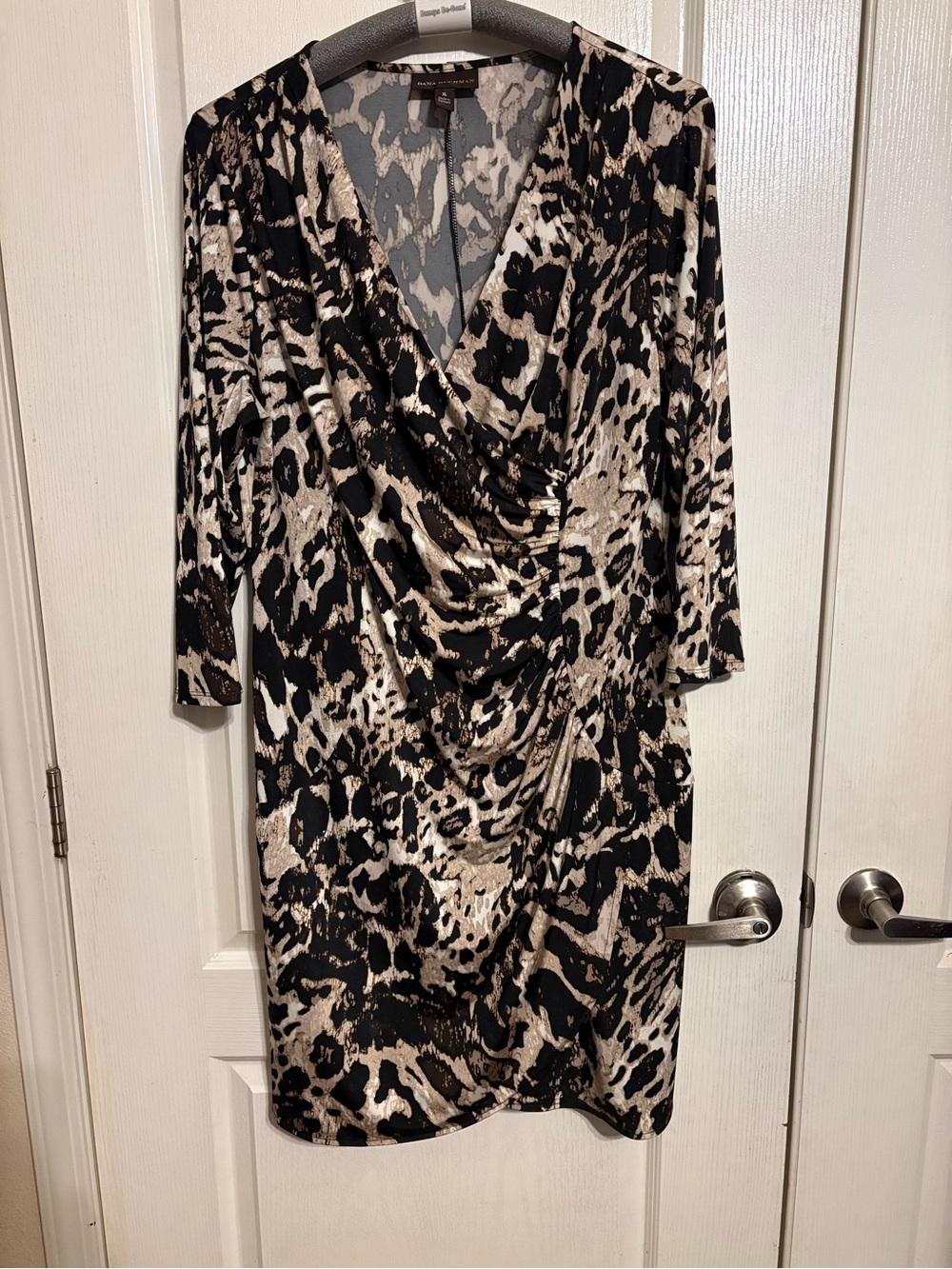 Dana Buchman Black and Cream Animal Print Faux-Wrap Dress XL